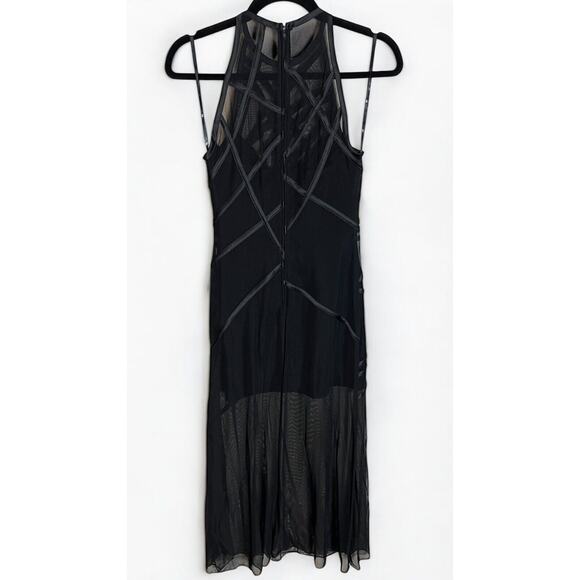 90s Tadashi Bodycon Dress Ribbon Accent Mesh Sheer Mini Maxi Gown Avant Garde - Picture 3 of 4